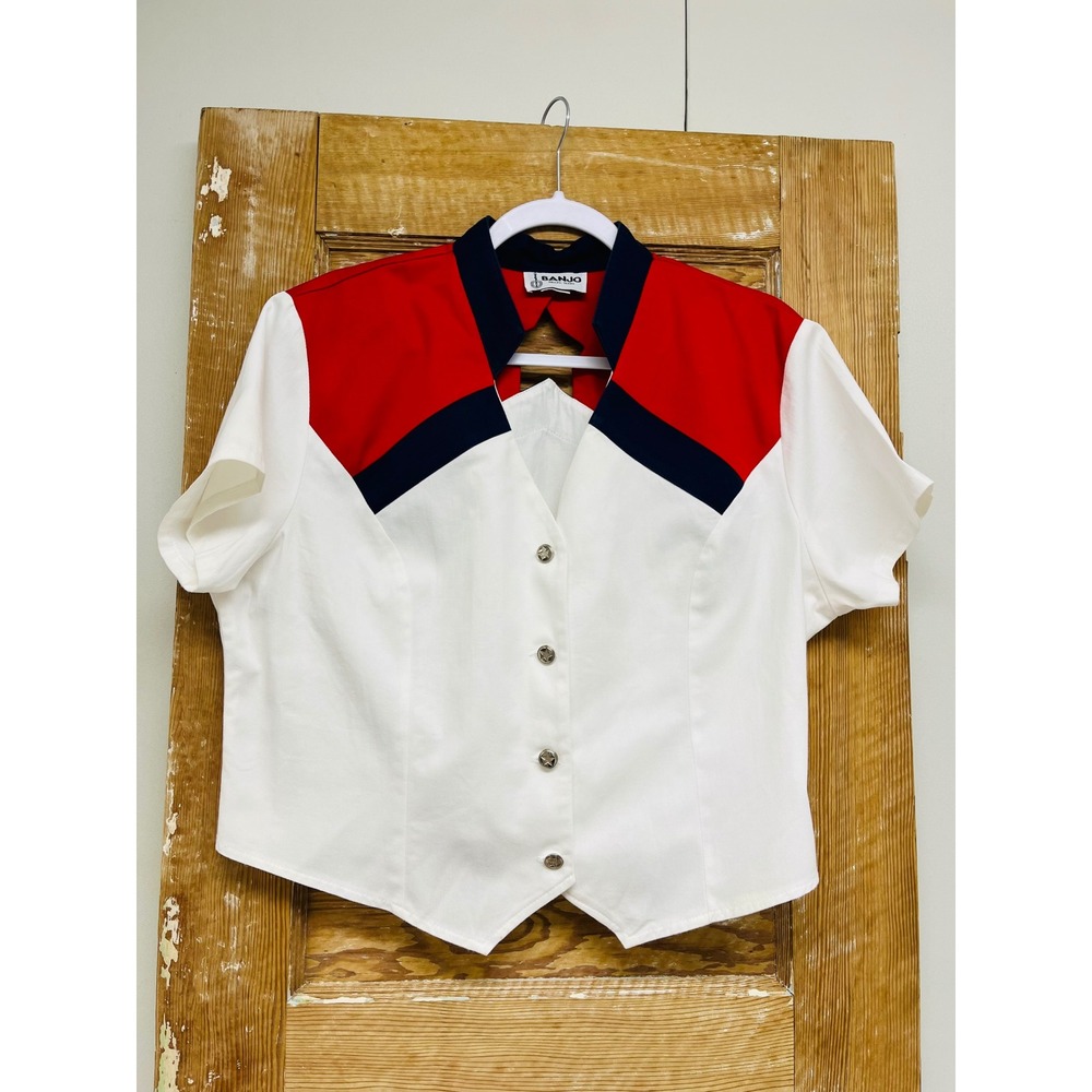 Banjo Dallas Western Shirt L Red White Blue Star Cutout Rodeo Cowgirl Rockabilly